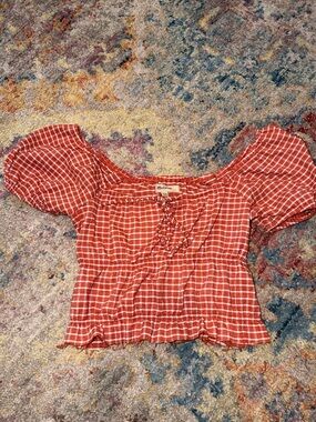 Madewell Red Plaid Puff-Sleeve Crop Top